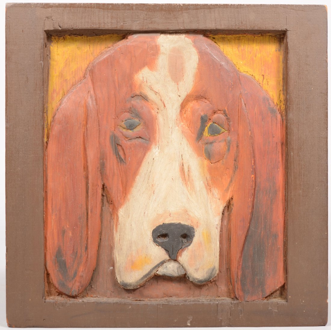 Colored Bas Relief Plank Carving of a Fox Hound He: Colored Bas Relief Plank Carving of a Fox Hound Head. In-scribed on reverse: "Chap Meyers, 11 yrs. 1939." 11 5/8"h. X 11 5/8"w. overall.