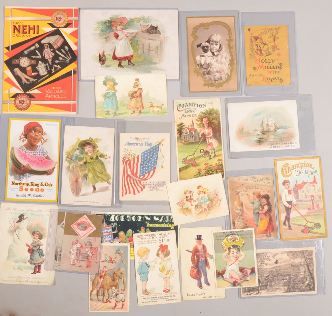 Twenty Two Polychrome Lithographic Advertising Tra: Twenty Two Polychrome Lithographic Advertising Trade Cards. A broad variety of businesses including: Granite Ironware, paint, clothiers, Champion Mowers, footwear, salt, coffee, tea, spices, seeds and