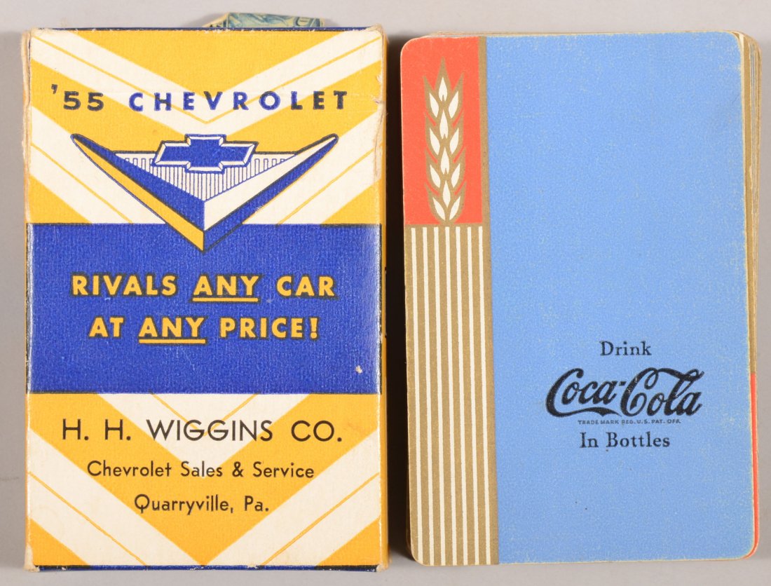 Two Decks of Brand Advertising Playing Cards. Drin: Two Decks of Brand Advertising Playing Cards. Drink Coca Cola in Bottles, deck of 52 standard playing cards, no box. Along with Chevrolet for 1955, featuring a turquoise Belair 2-door coupe with white