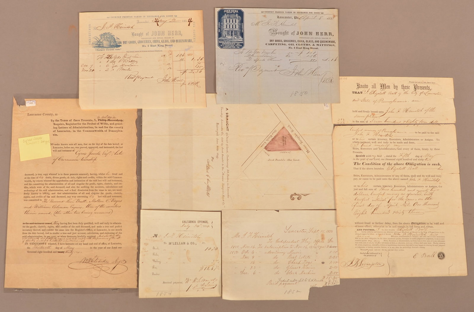 Lot of Various 19th century Documents: Miscellaneous documents including a mss. 1849 Lancaster Twp. Draught of a tract sold to the Manor Turnpike Road Co., 1830 will document from Caernarvon Twp., 4 Lancaster billheads, 1 other. Condition: