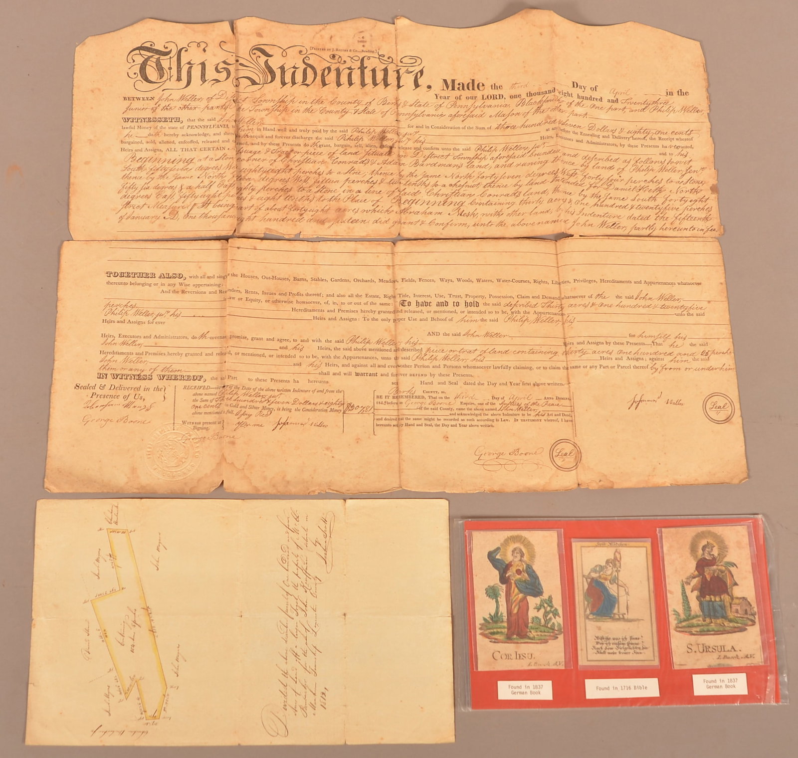 1823 Berks Co Blacksmith Deed + Ephemera: A Berks County PA deed dated 1823 between blacksmith John Weller and mason Philip Weller, signed twice by George Boone (split in two). + 3 small hand-colored prints found in an 1837 German book and 17