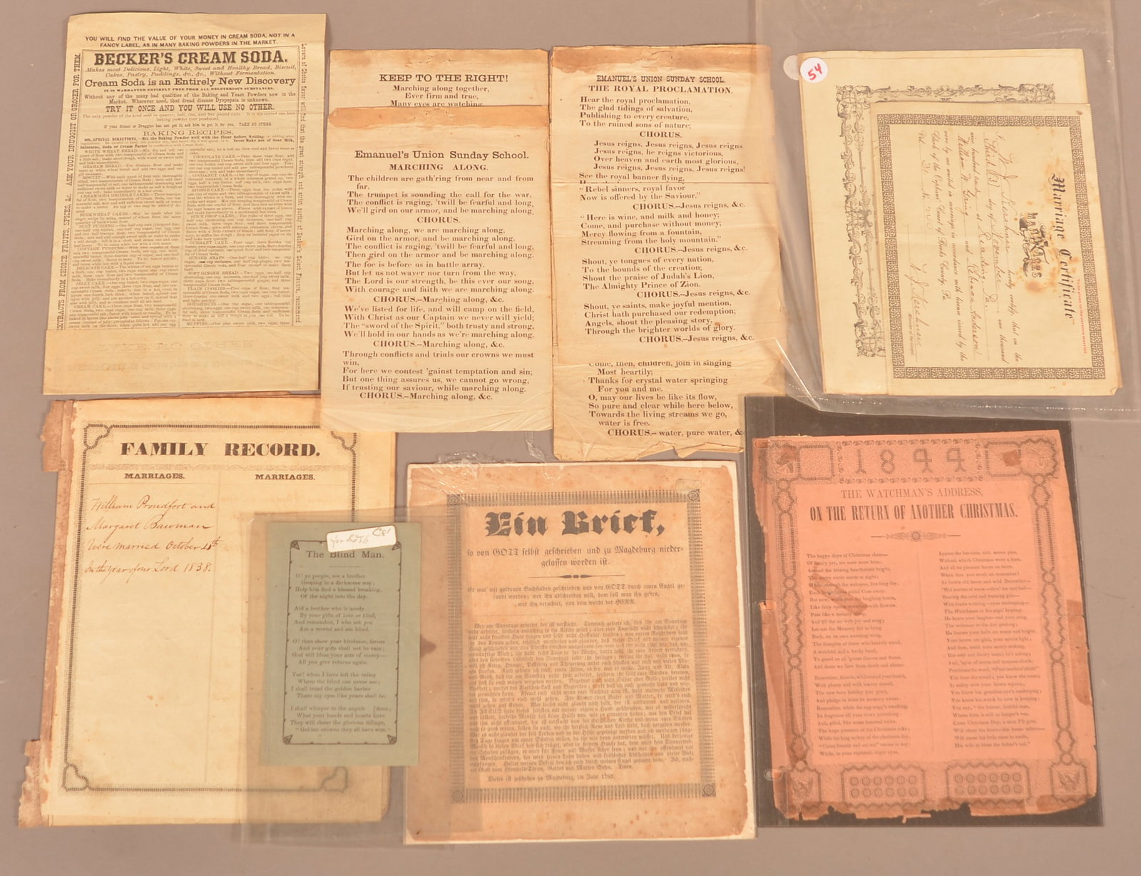 Varied 19th c Paper Ephemera: A lot of miscellaneous ephemera, including 4 small Sunday School poetry broadsides (Civil War era?), cream soda ad, confirmation and marriage papers, Magdeburg Brief, 1884 blind man's handout, Watchma