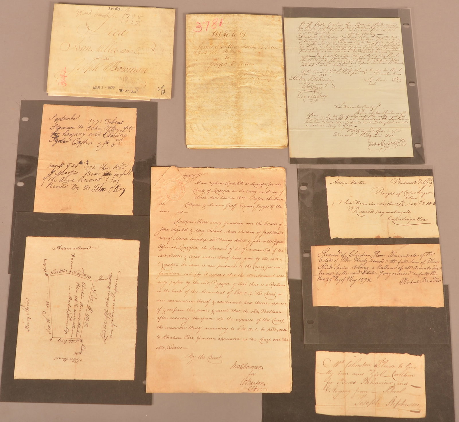 Various 18th/19th c Receipts & Other Ephemera: A lot of miscellaneous 18th and 19th century trades receipts, orphan's court document, land draught, 2 deeds (1 Lampeter Twp. 1798), one receipt reads "Mr. Johnston, Please to give thy son and girl co
