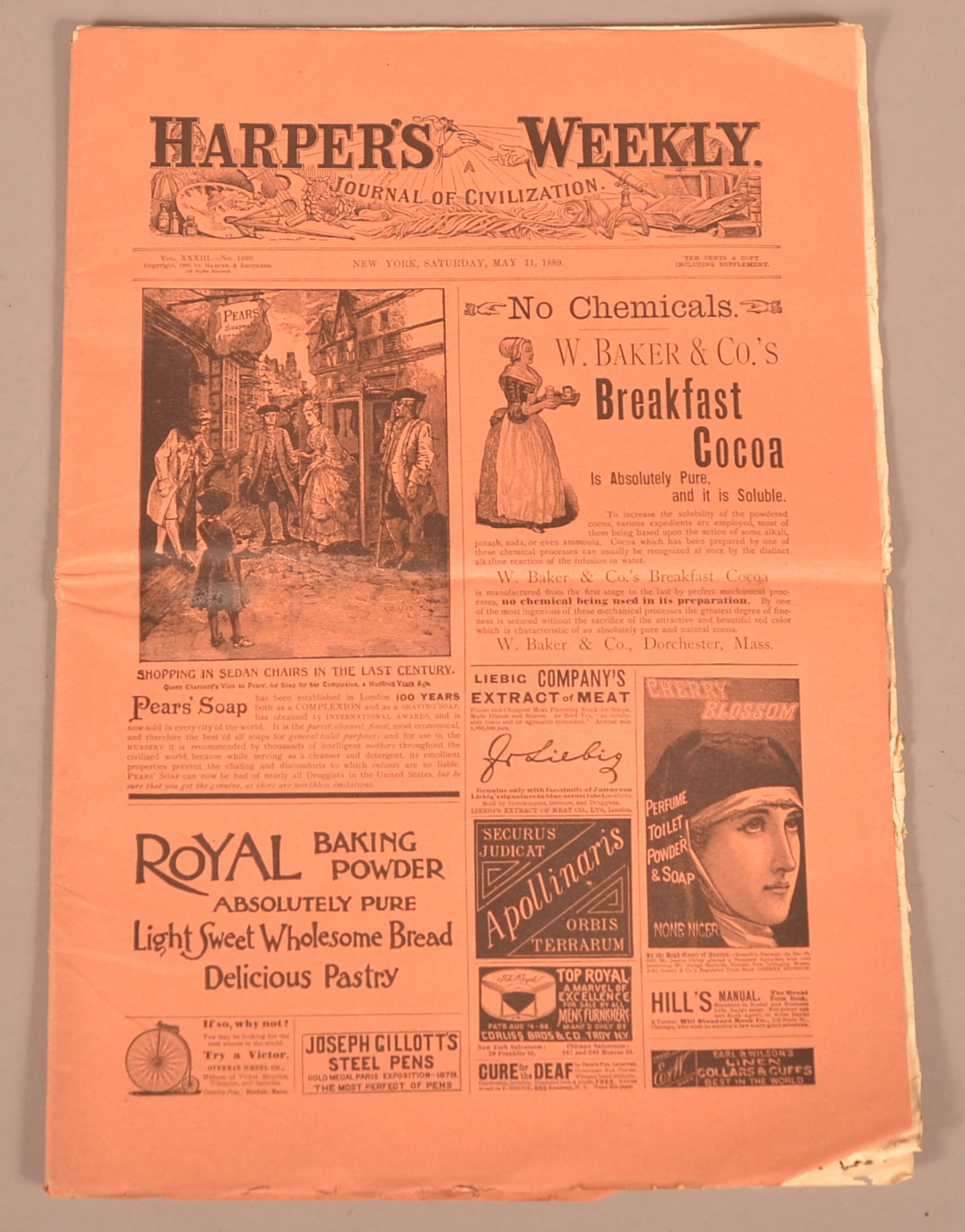 Harper's Weekly w/ Huge Centerfold 1889: Harper's Weekly for May 11, 1889, featuring a huge 33 x 46" folding centerfold of the Centennial [of NYC ] Naval Parade in the Upper Bay, NYC, and The Centennial Military Parade in Madison Square. Som