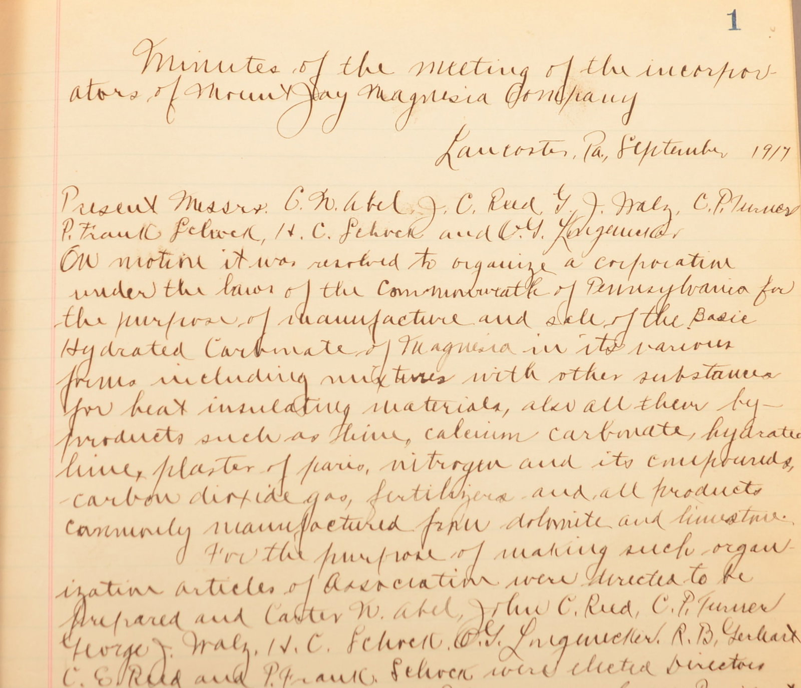 Mt Joy PA Company Ledger 1917-21: A ledger with the minutes of the Mount Joy Magnesia Company. 1917-21. 9 x 12". "For the purpose of manufacture and the sale of the basic hydrated carbonate of magnesia in its various formsâ€¦". Co
