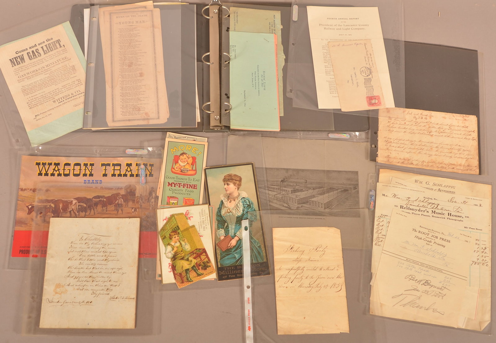 Binder With 19th c Ephemera Mss Poetry &c: A binder with 19th c. trade cards, 1851 friendship album, mss. poetry mid-19th c., 2 small broadsides "Hymn on the Death of a Young Man," 1839 mss. invitation to a "Fishing Party to be given over the 