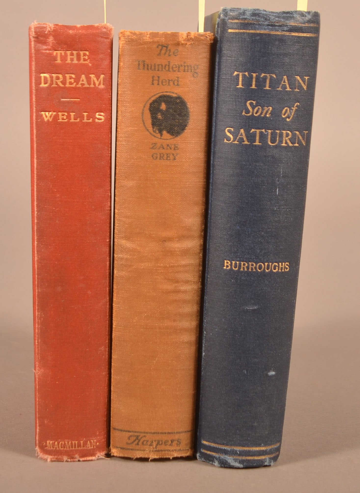 3 Miscellaneous Books Incl H G Wells: H. G. Wells. The Dream. NY: Macmillan, 1924. 8vo. Covers loose. Masonic Village bookplate. + Zane Grey. The Thundering Herd. NY: Harpers, 1925. 8vo. Stated first ed. Covers stained. + J. B. Burroughs.