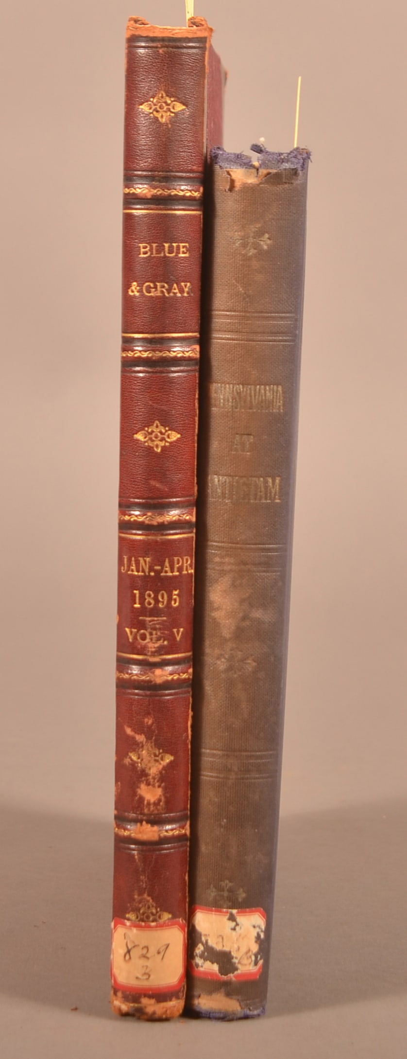 2 Civil War Related Books: Pennsylvania at Antietam. Harrisburg 1906. 8vo. Title p. loose. + Blue and Gray. Vol. V, no. 1. January 1895. Phila. 8 x 10". Bookplate, ink stamp, spine label in each volume. Condition: Good.