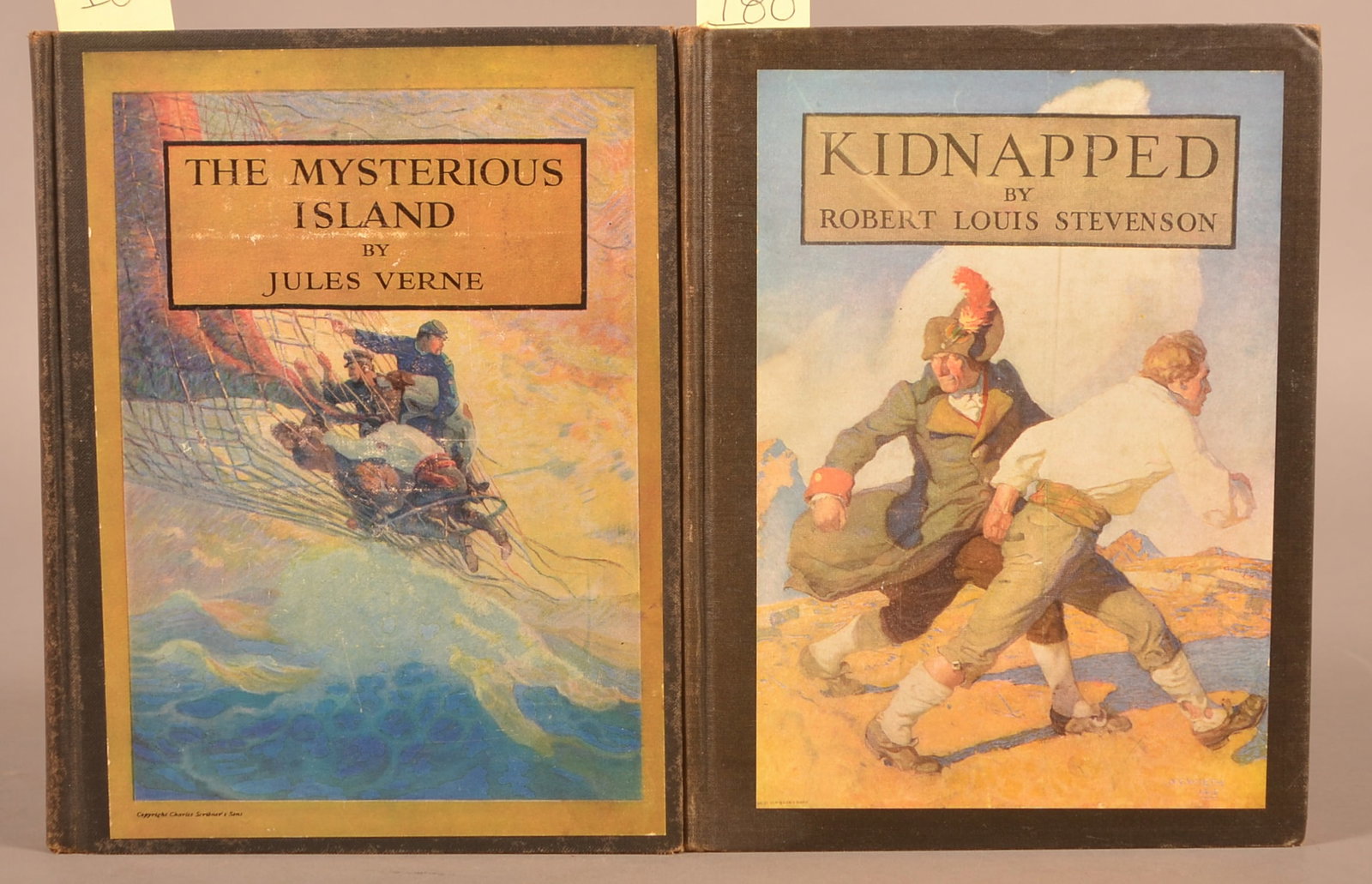 Verne's Mysterious Island + Kidnapped Illust Eds: Jules Verne. The Mysterious Island. NY: Scribners, 1930. Illust by N. C. Wyeth. 7 x 9". All plates present, no bookplate. + R. L. Stevenson. Kidnapped. NY: Scribners, 1937. 7 x 9". Lacks one plate. No