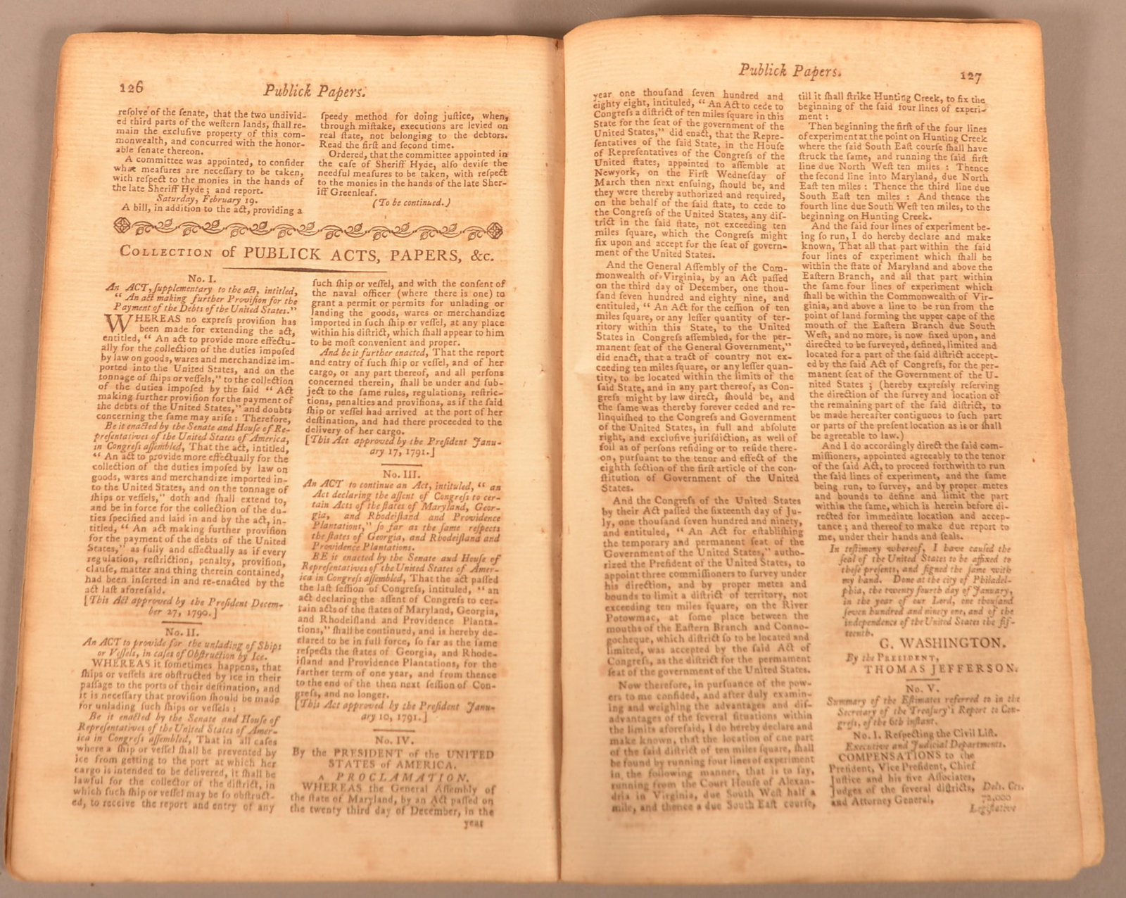1791 Mass Mag Founding of Washington DC: An early report on the founding of Washington, DC, as printed in the Massachusetts Magazine, Feb. 1791. 8vo. Disbound from a larger volume. The article is signed in type by George Washington. Conditio