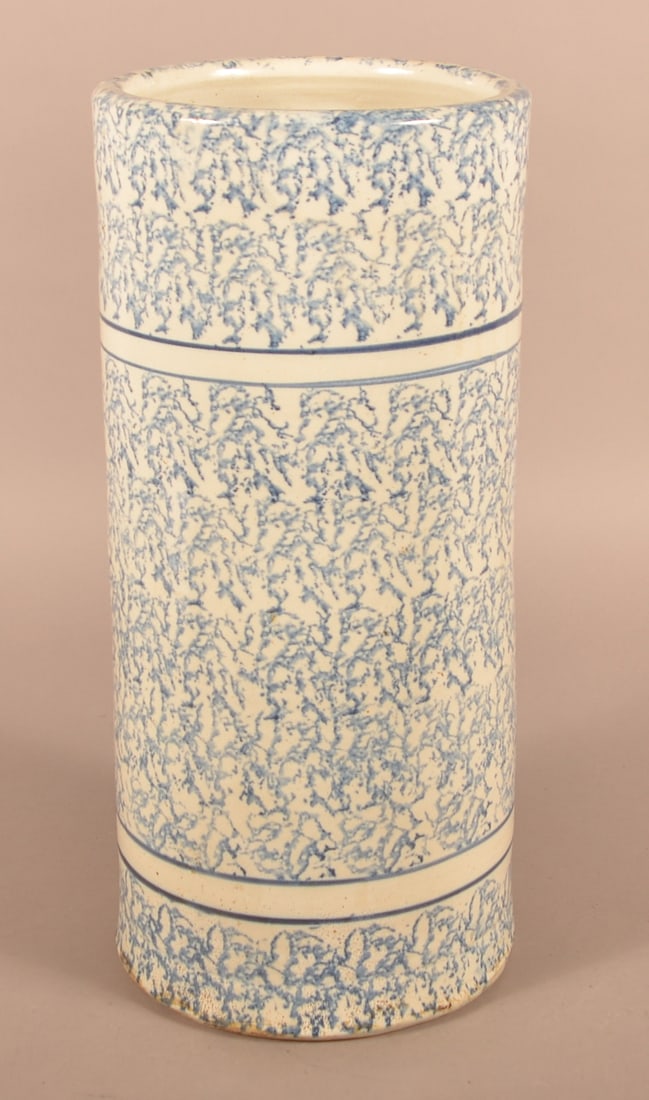 Antiq. Blue Sponge-Decorated Stoneware Umbrella Stand. (1 of 3)