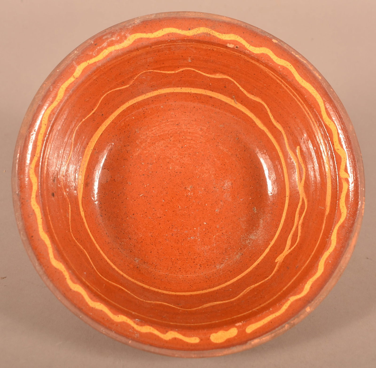 19th Century Redware Bowl with Yellow Slip Decoration. (1 of 4)