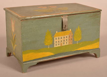 Extremely Fine Jonas Weber Painted Pine Trinket Box.: Extremely Fine Jonas Weber Painted Pine Trinket Box. (Brecknock Township, Lancaster County, Pennsylvania, 1810-1876). Blue/green ground with 3-1/2 story off-white, salmon and yellow house flanked by t