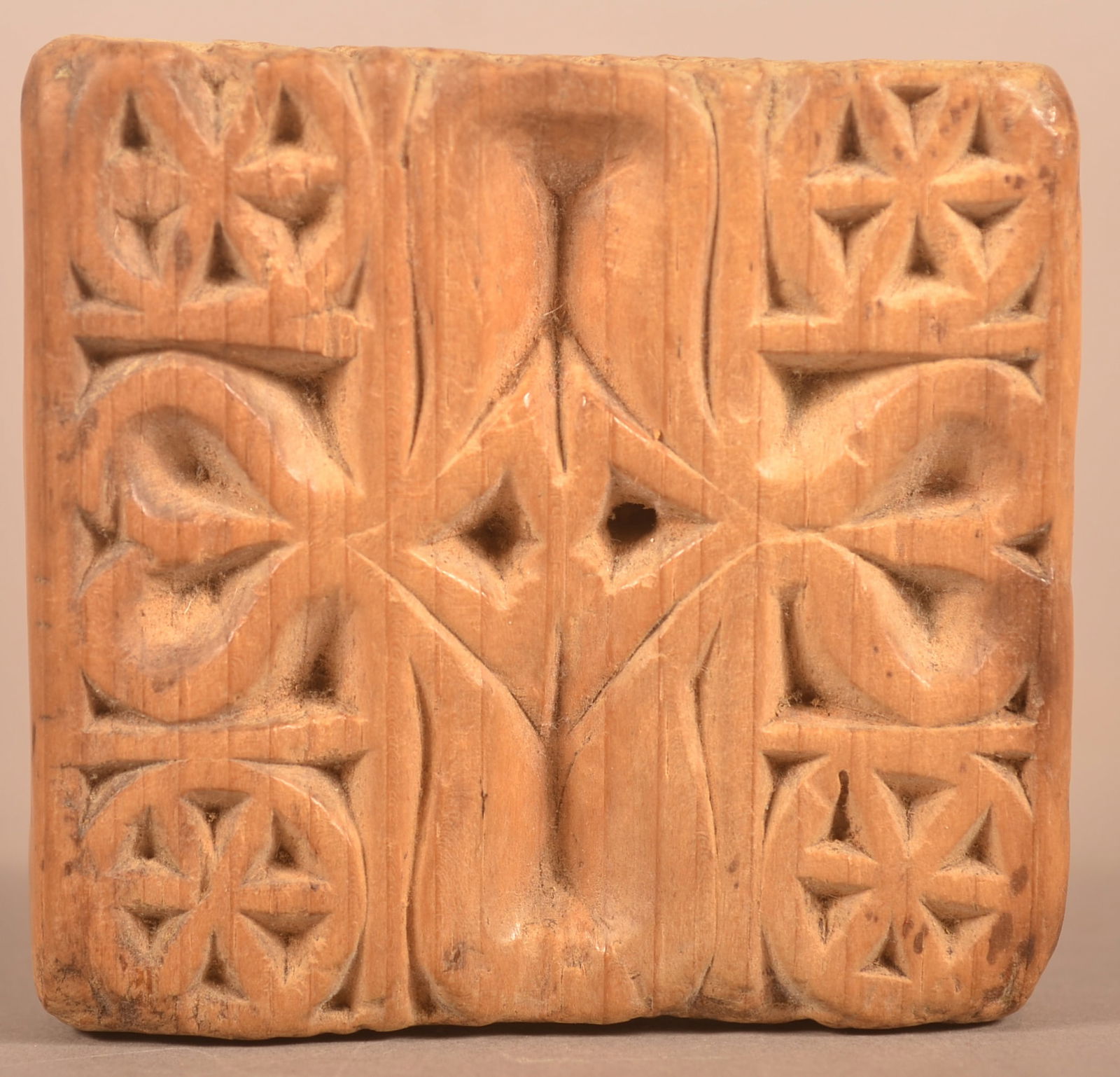 Unusual PA 19th C. Carved Pine Square Butter Print. (1 of 4)