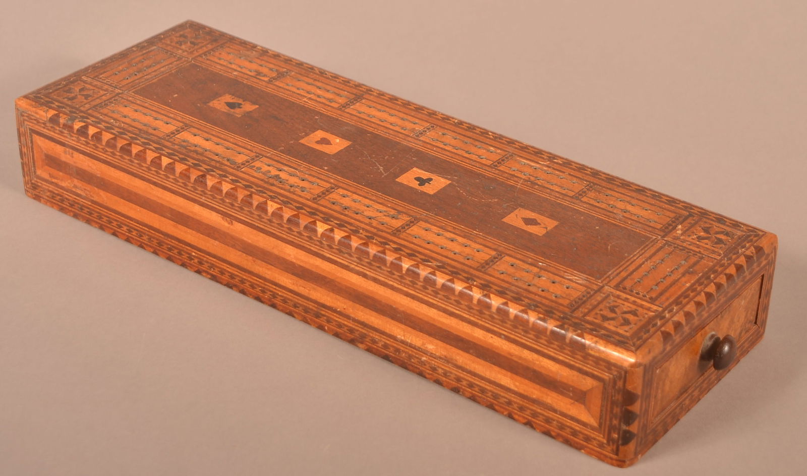 American 19th Century Inlaid Walnut Cribbage Box (1 of 4)