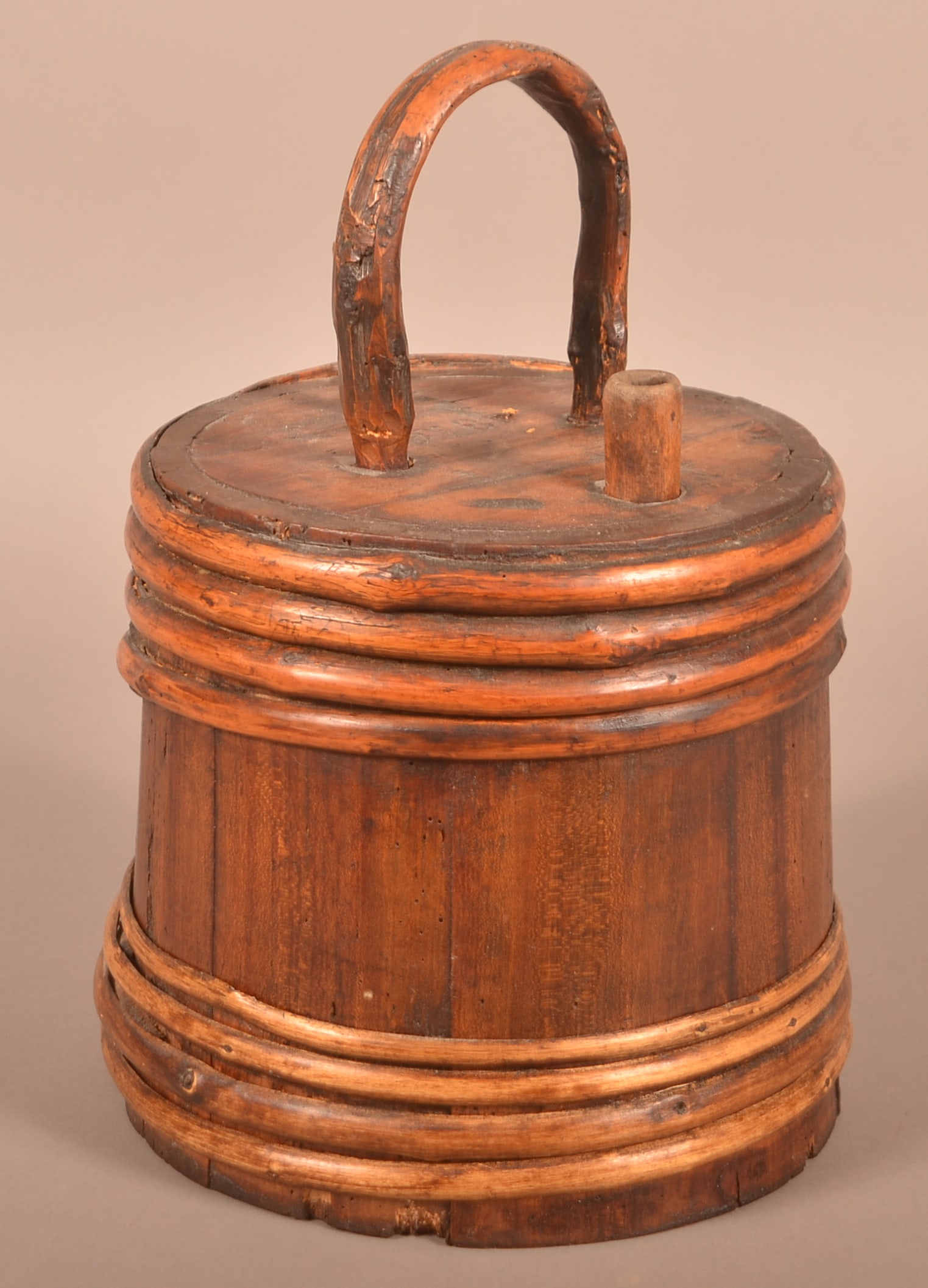 Wooden Stave Field Canteen Dated 1816.: Wooden Stave Field Canteen Dated 1816. Bentwood handle and wrapped supports. 15"h. x 10" diam.