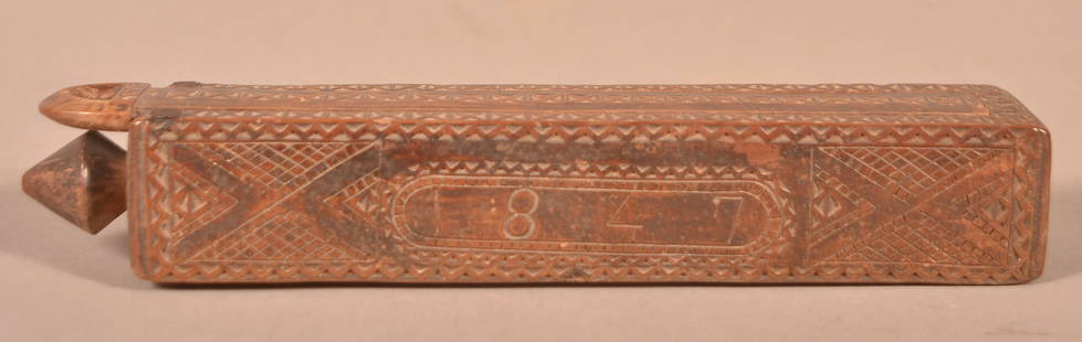 PA Folk Art Carved Walnut Slide-Lid Razor Box.: Pennsylvania Folk Art Carved Walnut Slide-Lid Razor Box. Dated 1847. 8-3/4"l. Accompanied with a period straight razor.