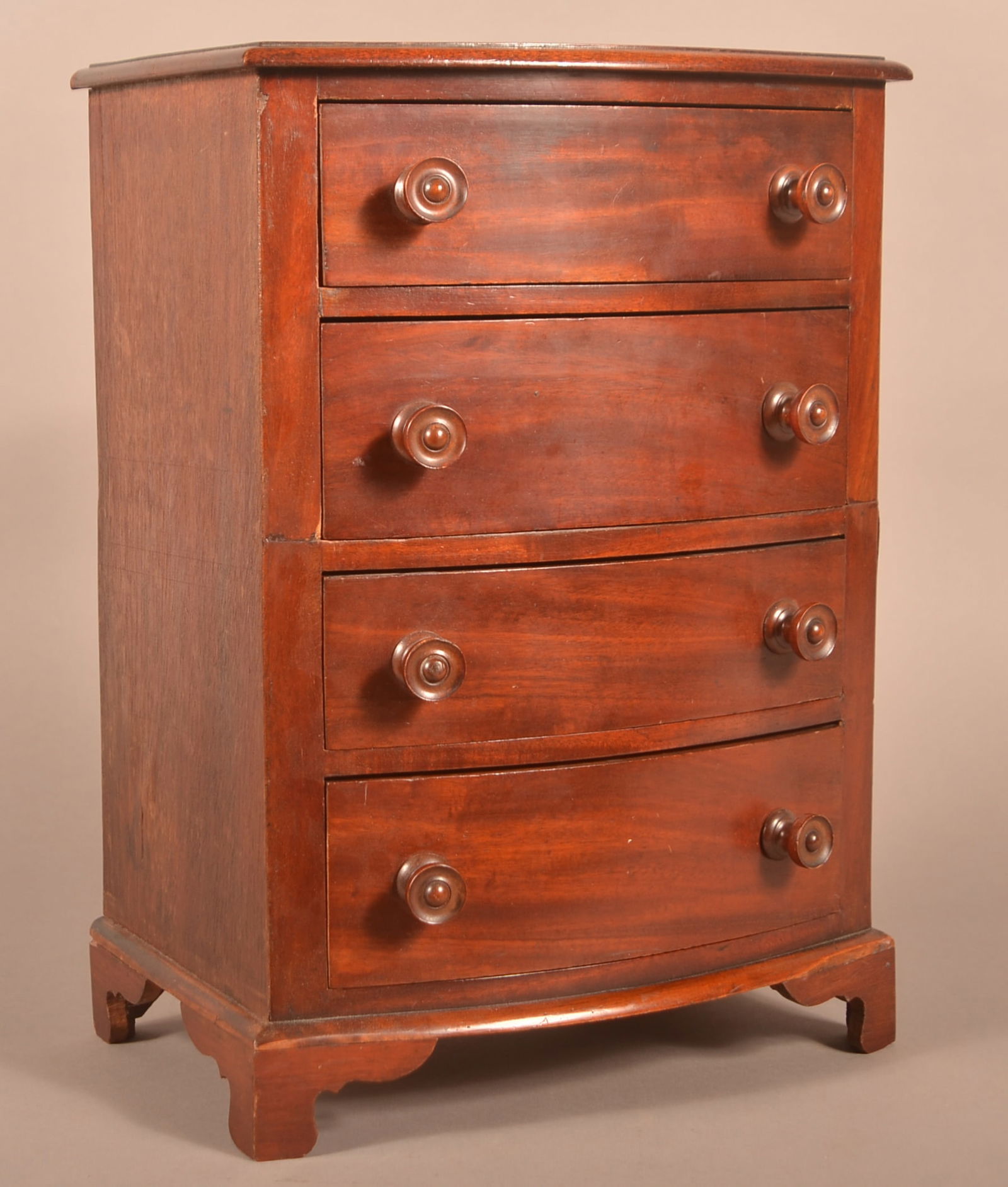 Antiq. Mahogany Miniature Bow-Front Chest of Drawers. (1 of 6)