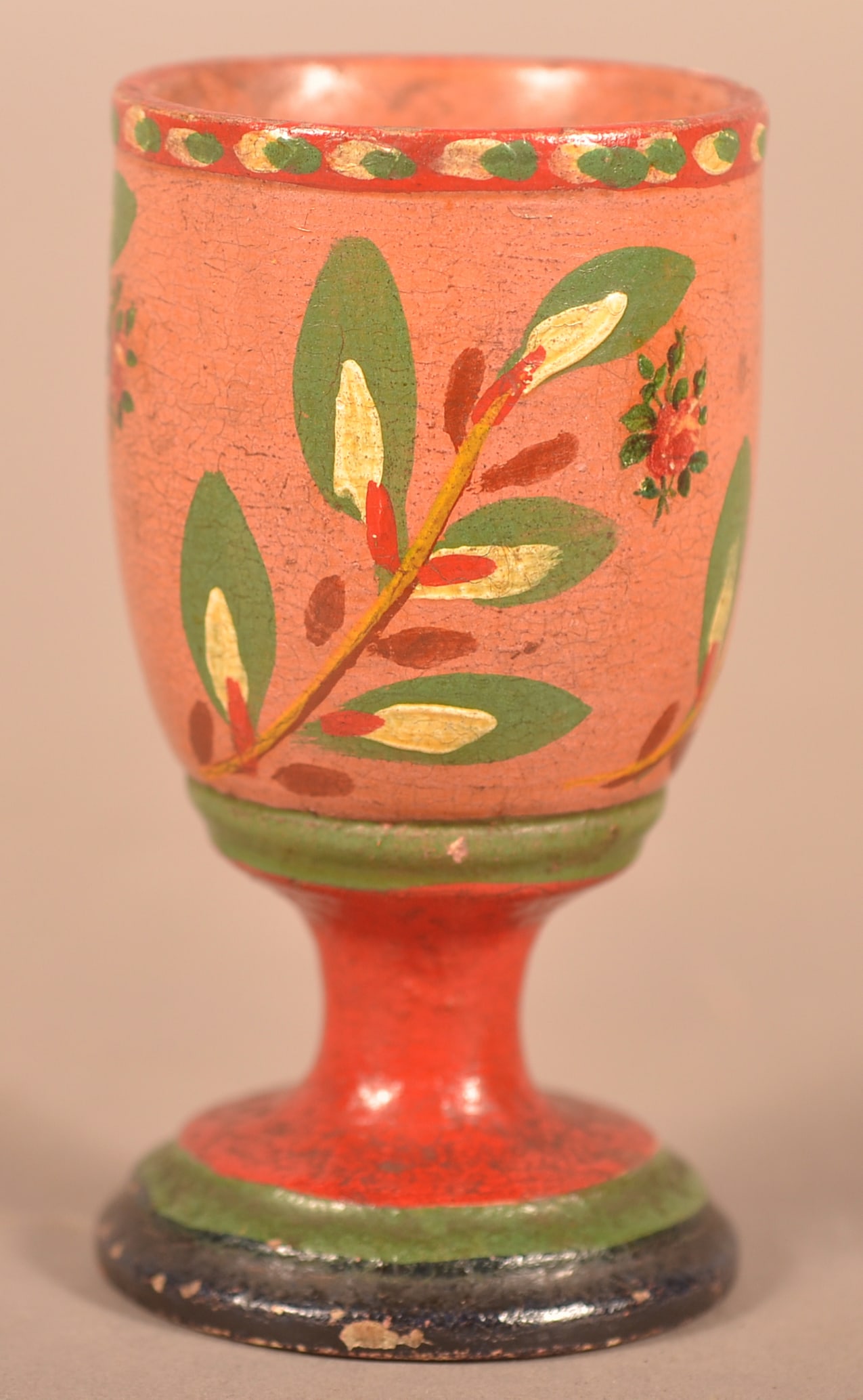 Lehnware Turned-Poplar Paint-Decorated Egg Cup.: Lehnware Turned-Poplar Paint-Decorated Egg Cup. Joseph Long Lehn (1798-1892), Clay Township, Lancaster County, Pennsylvania. Pussy willow design on salmon ground with partial illegible original paper