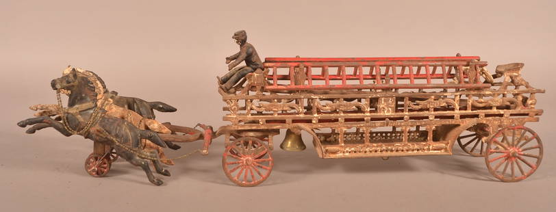 Antiq. Cast Iron Fire Ladder Truck Horse-Drawn Pull Toy.: Antique Cast Iron Fire Ladder Truck Horse-Drawn Pull Toy. 30"l.