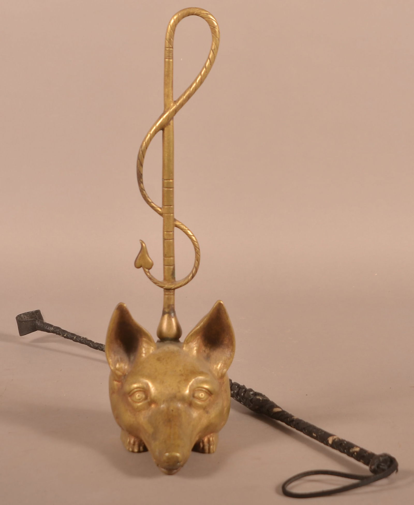 English Victorian Cast Brass Fox Mask Doorstop and Riding Crop. (1 of 5)