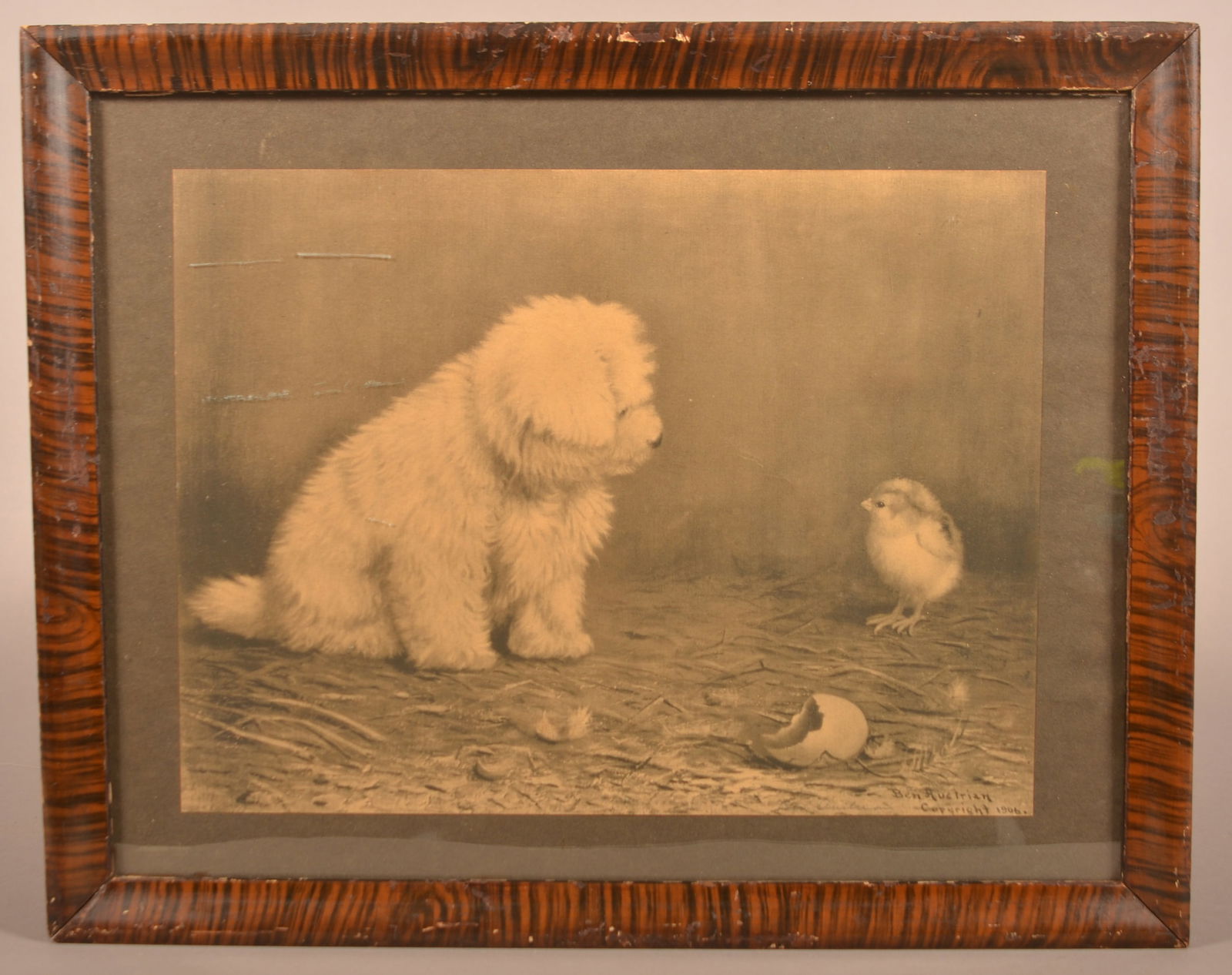 Ben Austrian Signed Sepia Print Puppy with A Chick. (1 of 4)