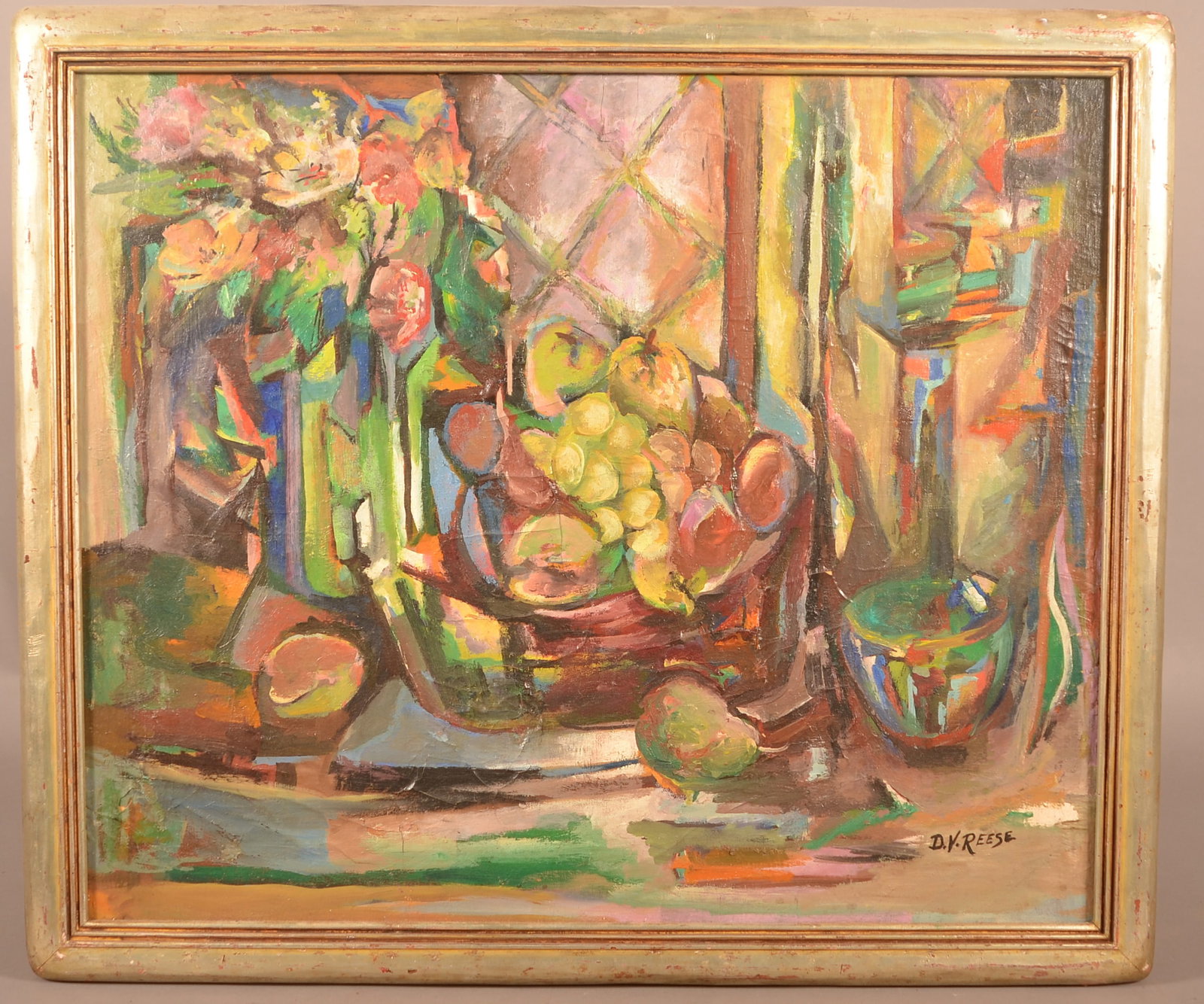 Abstract Still Life, Oil on Canvas.: Abstract Still Life, Oil on Canvas. Signed in lower right: "D.V. Reese." Dorothy V. Reese, American, b. 1899 and d. 1989. Back on frame is an Art Show tag: "Plastic Club / Art Club for Women, Title: T