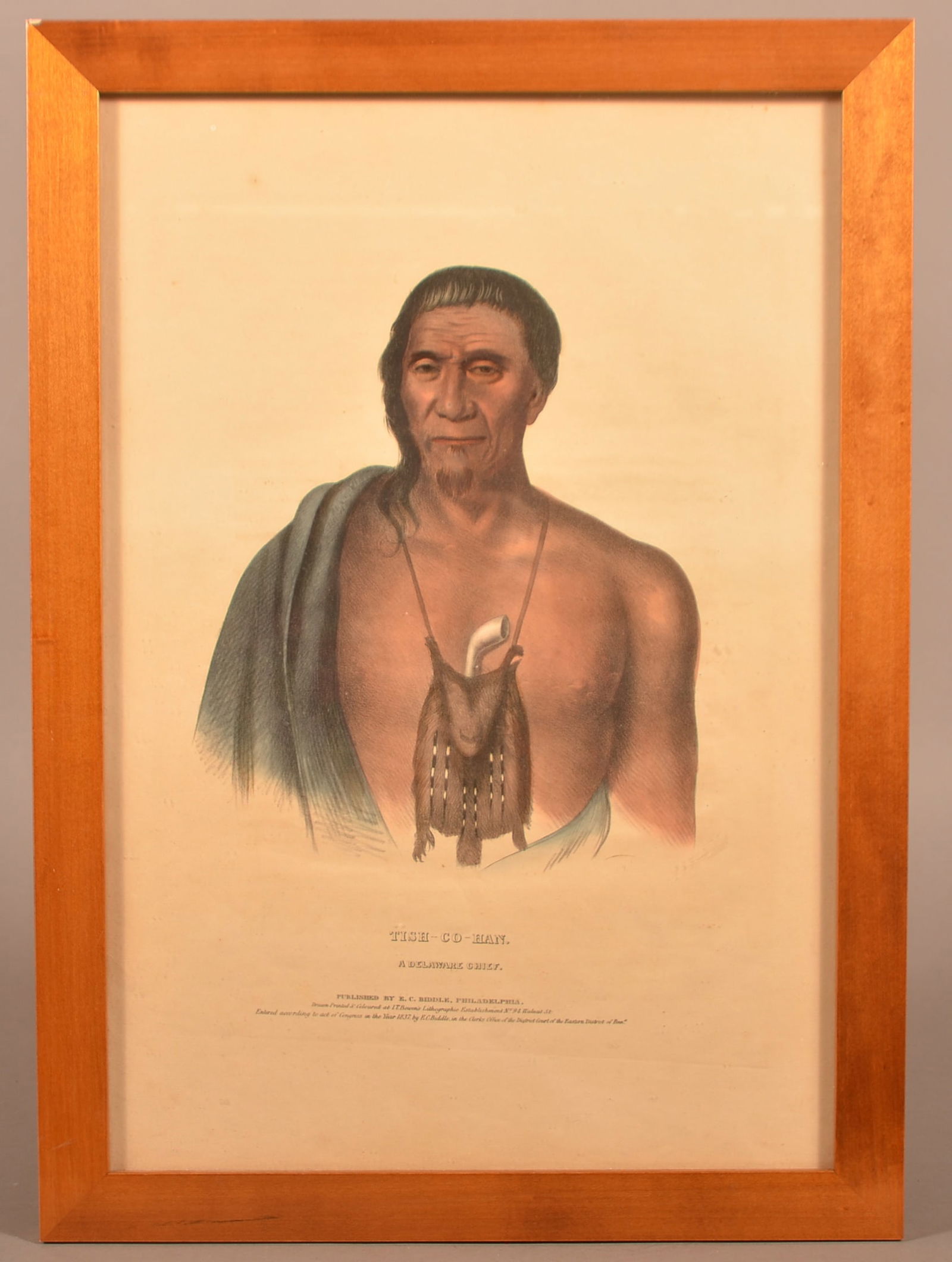 Color Lithograph "Tish-Co-Han, A Delaware Chief".: Color Lithograph "Tish-Co-Han, A Delaware Chief". Published by E.C. Biddle, Philadelphia. Circa 1837. Drawn, printed and colored at J.T. Bowen's, Lithographic Establishment, No 94 Walnut Street. Enter