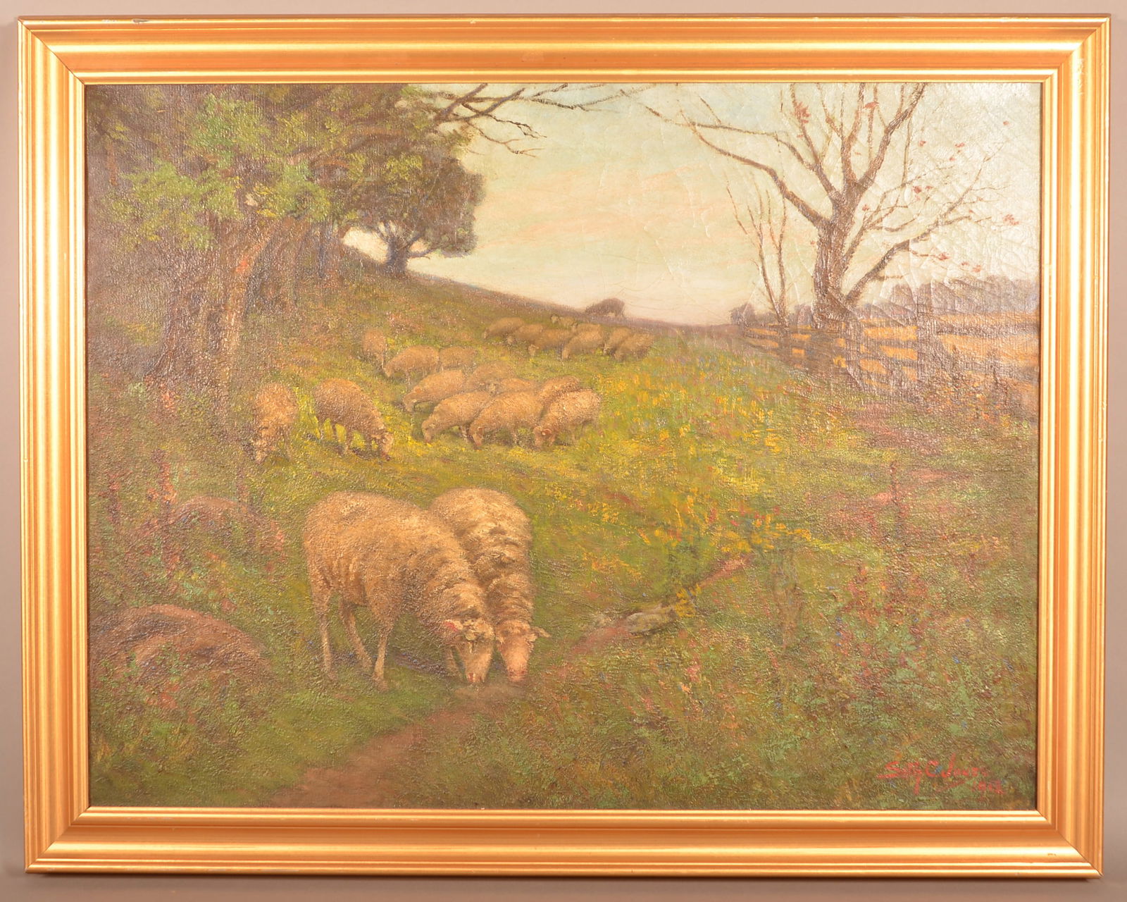 Seth C. Jones Sheep in Pasture Oil on Canvas Painting. (1 of 5)