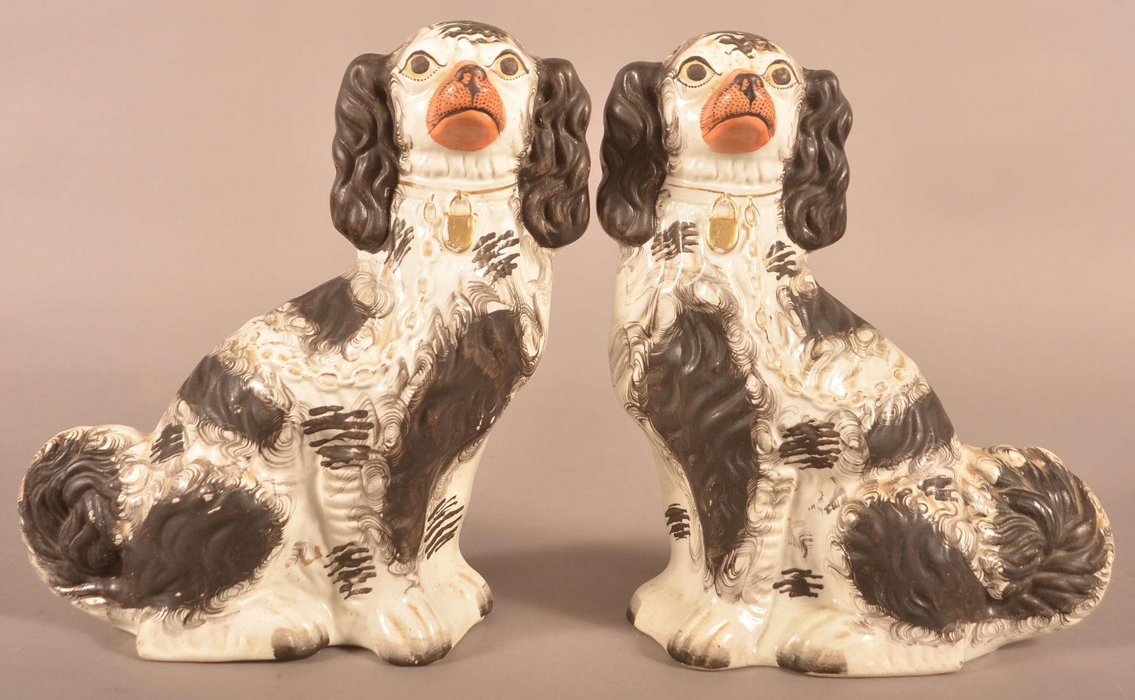 Large Pair of Staffordshire China Seated Spaniel Figures. (1 of 3)