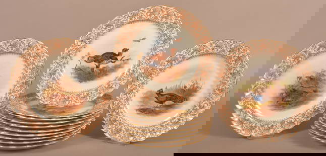 Set of 12 Royal Worcester Porcelain Game Bird Plates.: Set of 12 Royal Worcester Hand-Painted Porcelain Game Bird Plates. 9" diam.