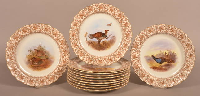 Set of 12 Royal Worcester Porcelain Game Bird Plates.: Set of 12 Royal Worcester Hand-Painted Porcelain Game Bird Plates. 9" diam.