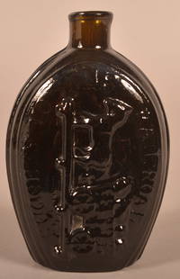 Success to the Railroad Dark Amber Glass Blown Flask.: Success to the Railroad Dark Amber Glass Blown Flask. 6-3/4"h.