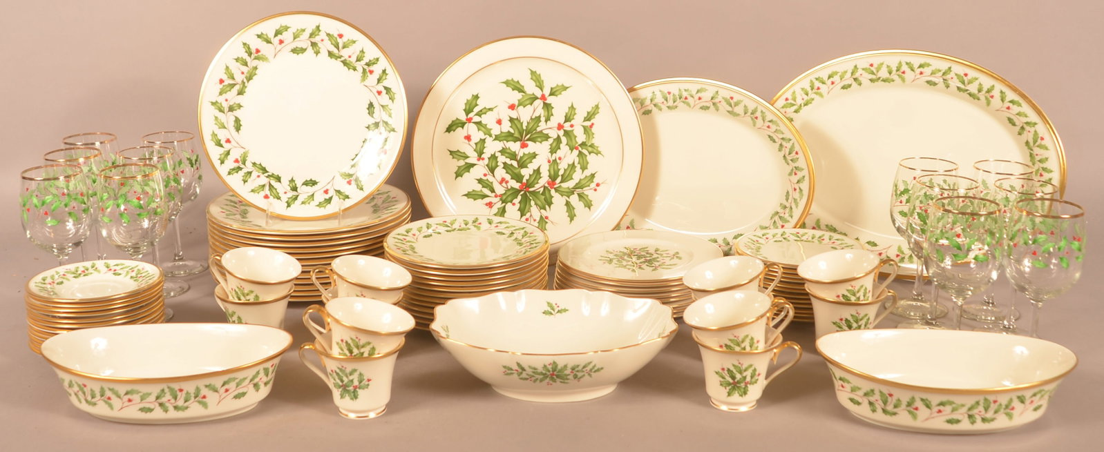 Lenox Porcelain "Holiday" Pattern Dinner Service.: Lenox Porcelain "Holiday" Pattern Dinner Service. 80+ pieces, full 6-piece place setting for 12. With serving bowls and wine glasses.
