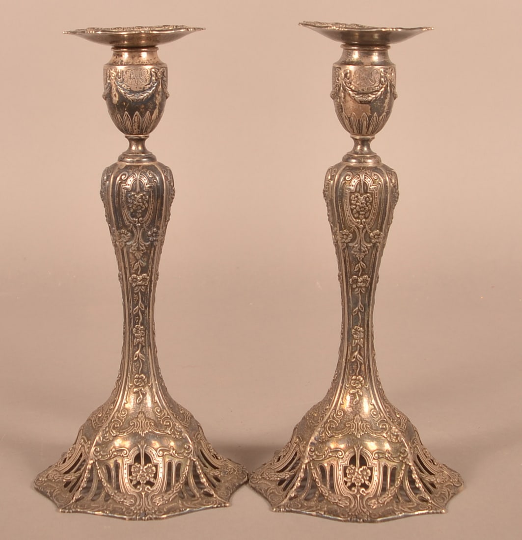 Pair of Ornate Sterling Weighted Base Candlesticks. (1 of 7)