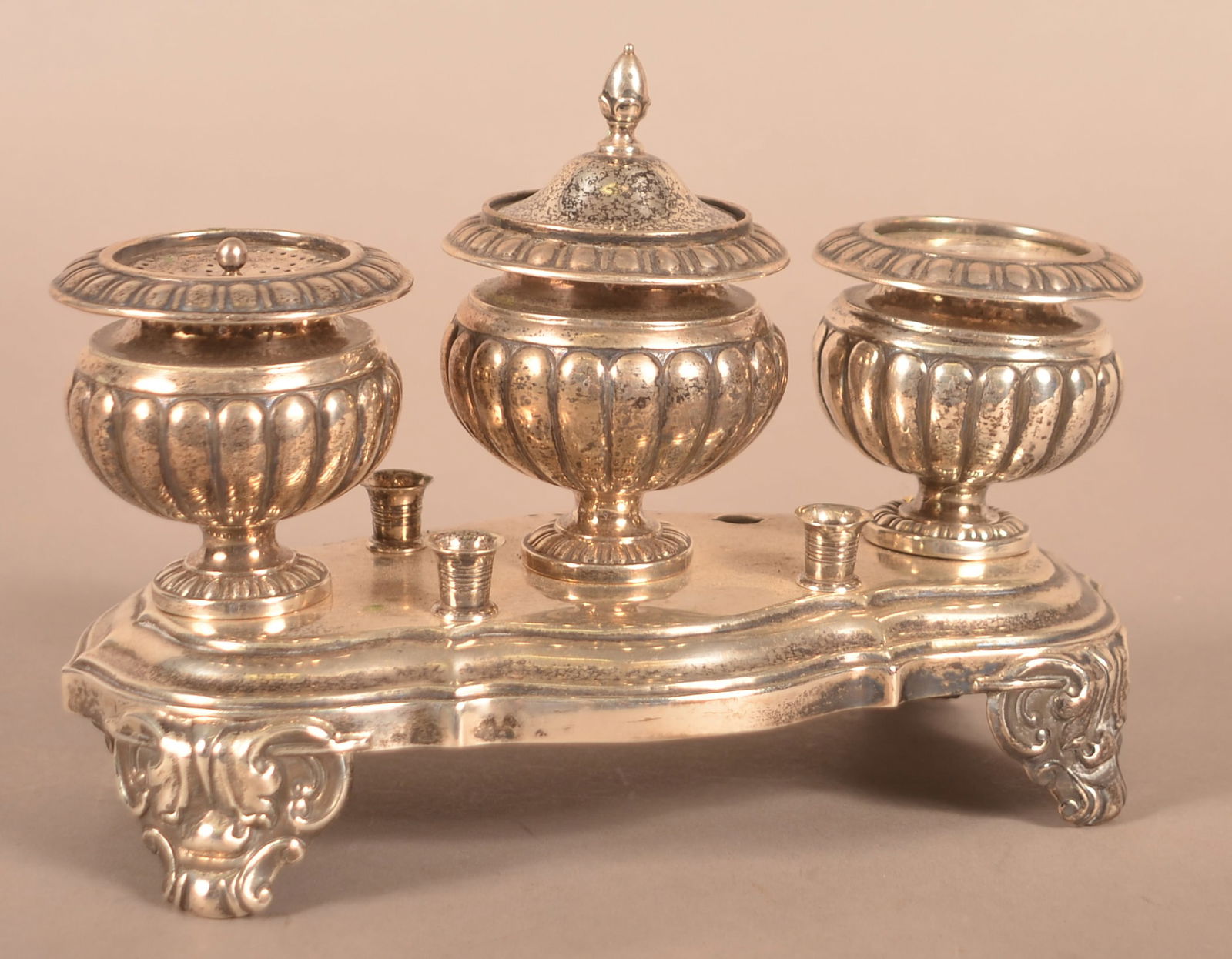 Antique Coin Silver Ink Stand Signed "Llamas". (1 of 5)