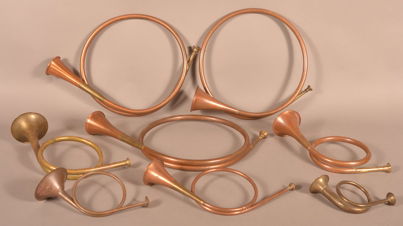 Lot of Eight Antique/Vintage Copper Hunt Bugles. (1 of 5)