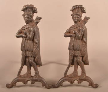 Fine Pair of 19th C. Cast Iron Native American Andirons.: Fine Pair of 19th C. Cast Iron Native American Andirons. 13"h. x 12-1/2"d.