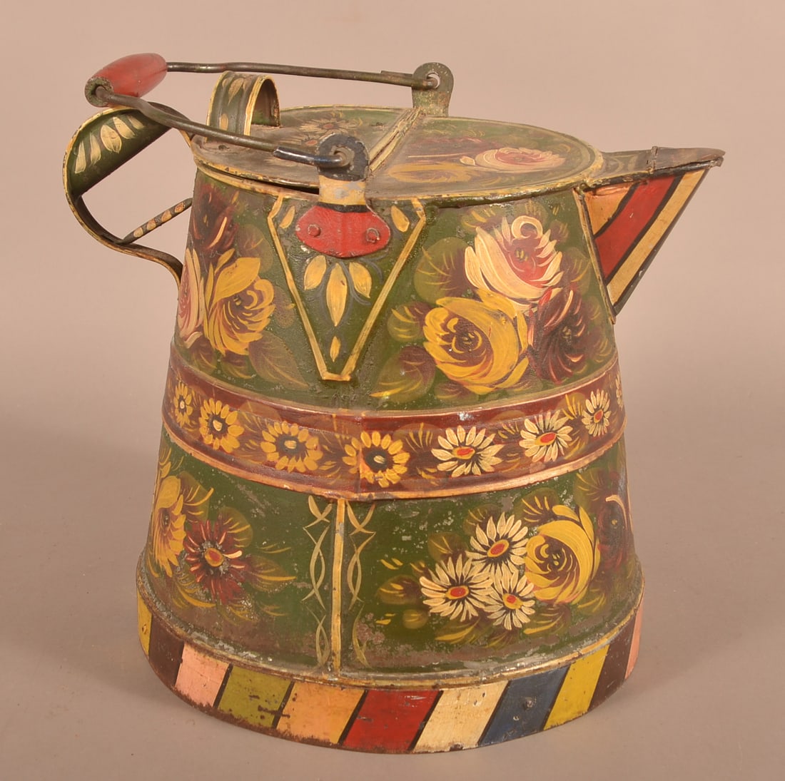 Lg. Antique Polychrome Floral-Decorated Harvest Kettle.: Large Antique Polychrome Floral-Decorated Harvest Kettle. 14"h.