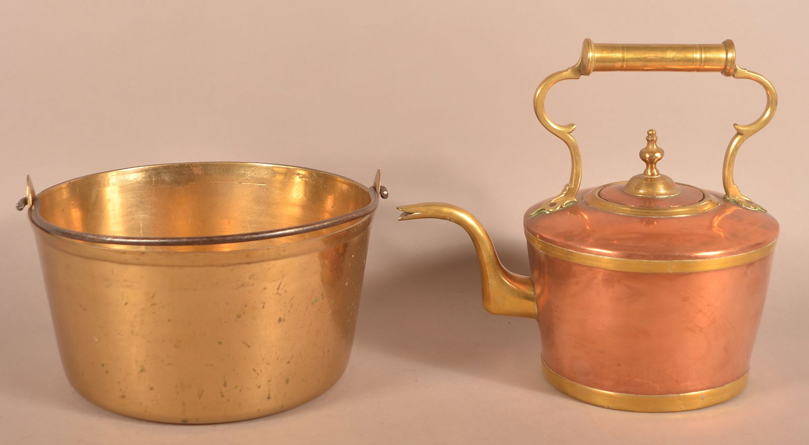 English Copper & Brass Tea Kettle and Heavy Brass Pail. (1 of 3)