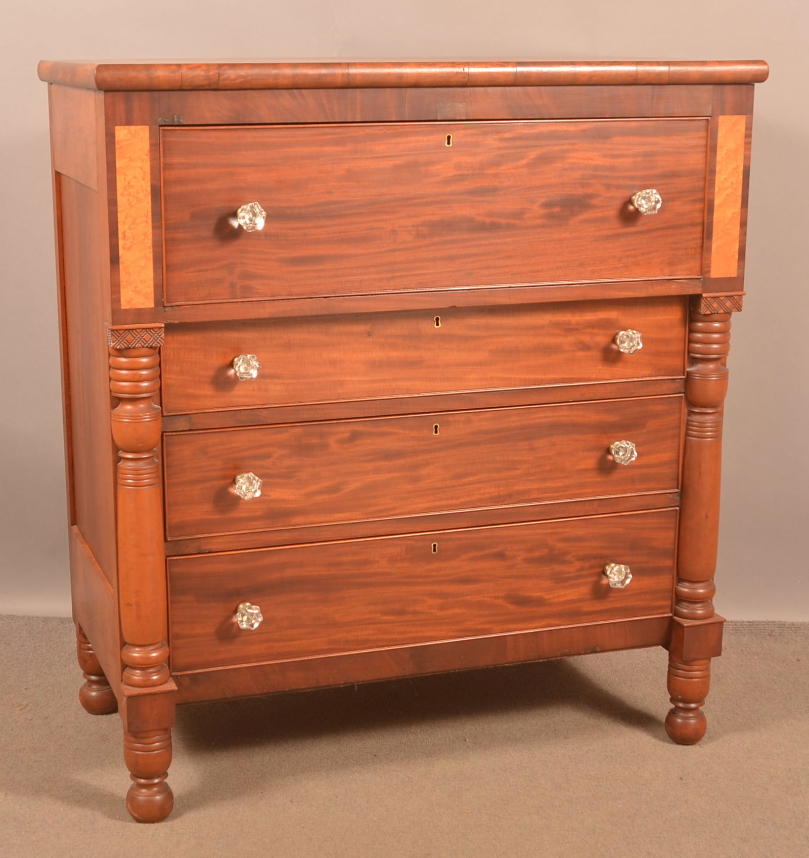 Amer. Empire Cherry and Mahogany Chest of Drawers. (1 of 5)