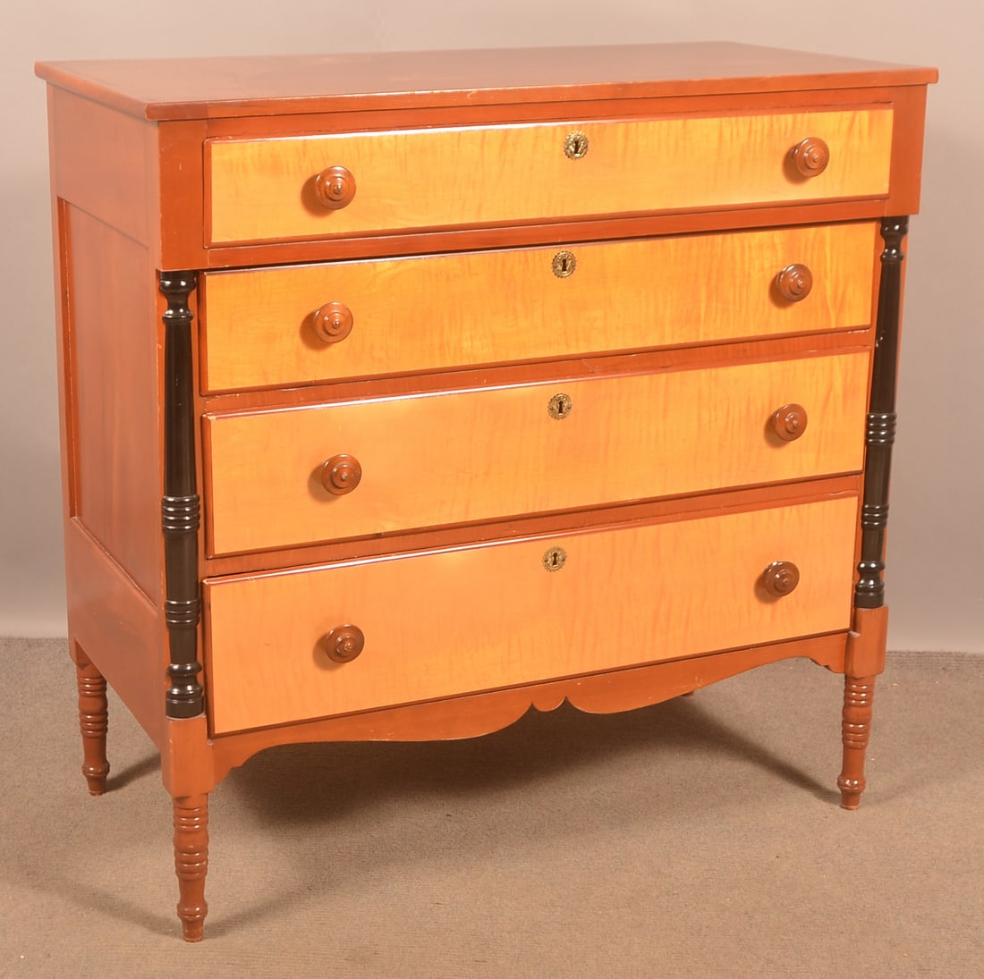Amer. Sheraton Cherry and Tiger Maple Chest of Drawers. (1 of 6)