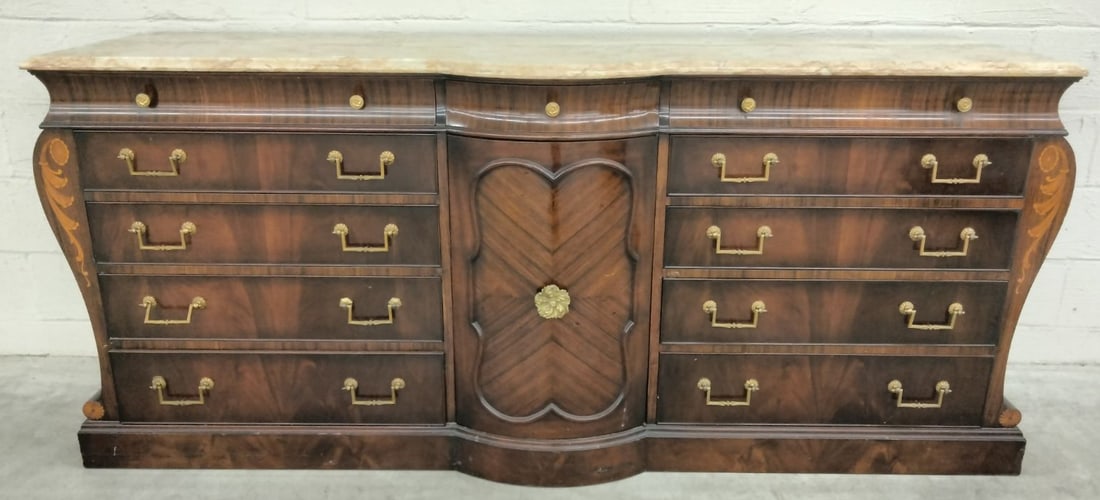 Marble-Top Inlaid Rosewood and Mahogany Sideboard.: Period Style Marble Top Inlaid Rosewood and Mahogany Sideboard. 35-1/2"h. x 80"w. x 23-1/2"d.
