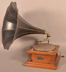 Victor Talking Machine Record Player with Horn.: Victor Talking Machine Oak Case Record Player with Horn. SN 43110. Case, 8"h. x 16-1/2"w. x 16"d.