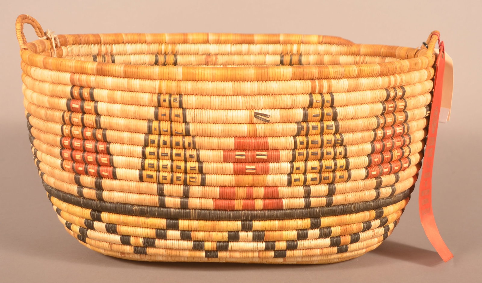 Zelma Honyaoma (1916-1991) Shungopovi Hopi Coil Basket.: Zelma Honyaoma (1916-1991) Shungopovi Hopi Coil Basket. 8-1/2"h. x 15-1/2"w.x 11"d.