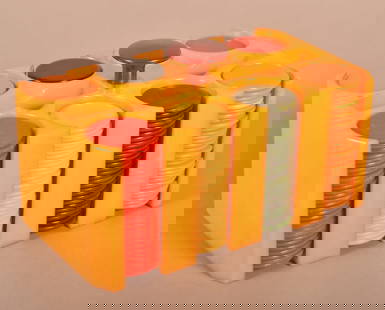 Vintage Bakelite Poker Chip and Caddy Set.: Vintage Bakelite Poker Chip and Caddy Set. Butterscotch Bakelite caddy with handle, and slots for two decks of cards, red, butterscotch, and green chips. 4-1/2"h. x 7-1/2"w. x 4”d.