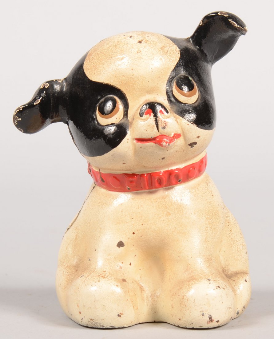 Hubley "FIDO" Puppy Still Bank. White painted cast: Hubley "FIDO" Puppy Still Bank. White painted cast iron pup with black spots and red collar and facial features. Marked on back "PATD. 1914." 5"h.