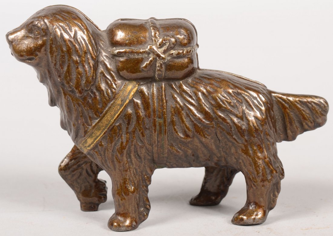 Small A.C. Williams St. Bernard with Pack Still Ba: Small A.C. Williams St. Bernard with Pack Still Bank. Varnished cast iron with gold straps. 3 3/4"h. X 5 1/2"l.