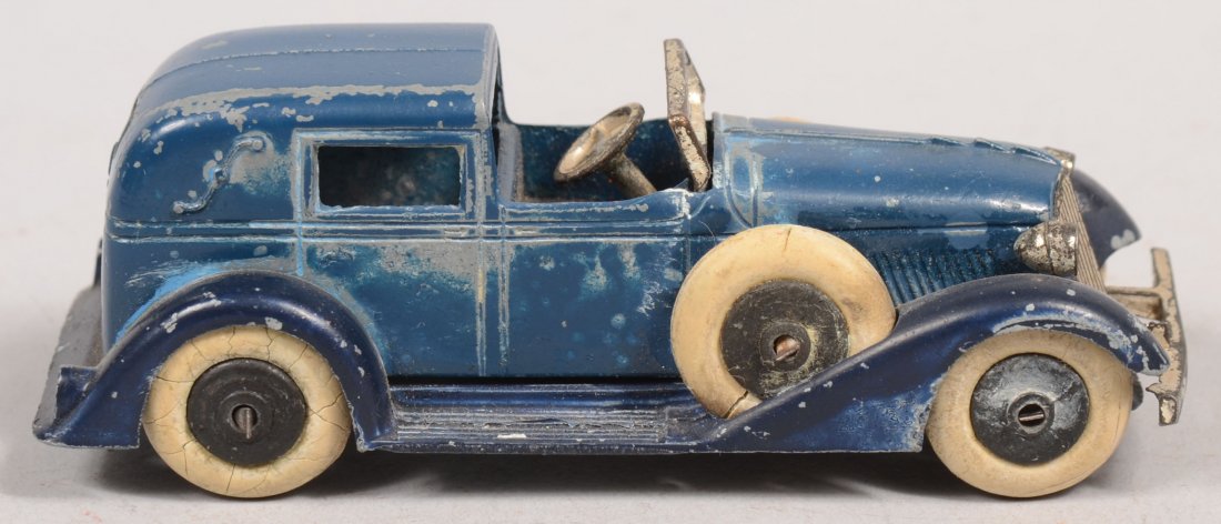 Tootsietoy Graham Series Model 0616 Town Sedan wit: Tootsietoy Graham Series Model 0616 Town Sedan with Side Mount Spare Wheels. Two tone two piece blue body and fenders with nickel plated steering wheel, wind screen frame and bumper, lights and grille