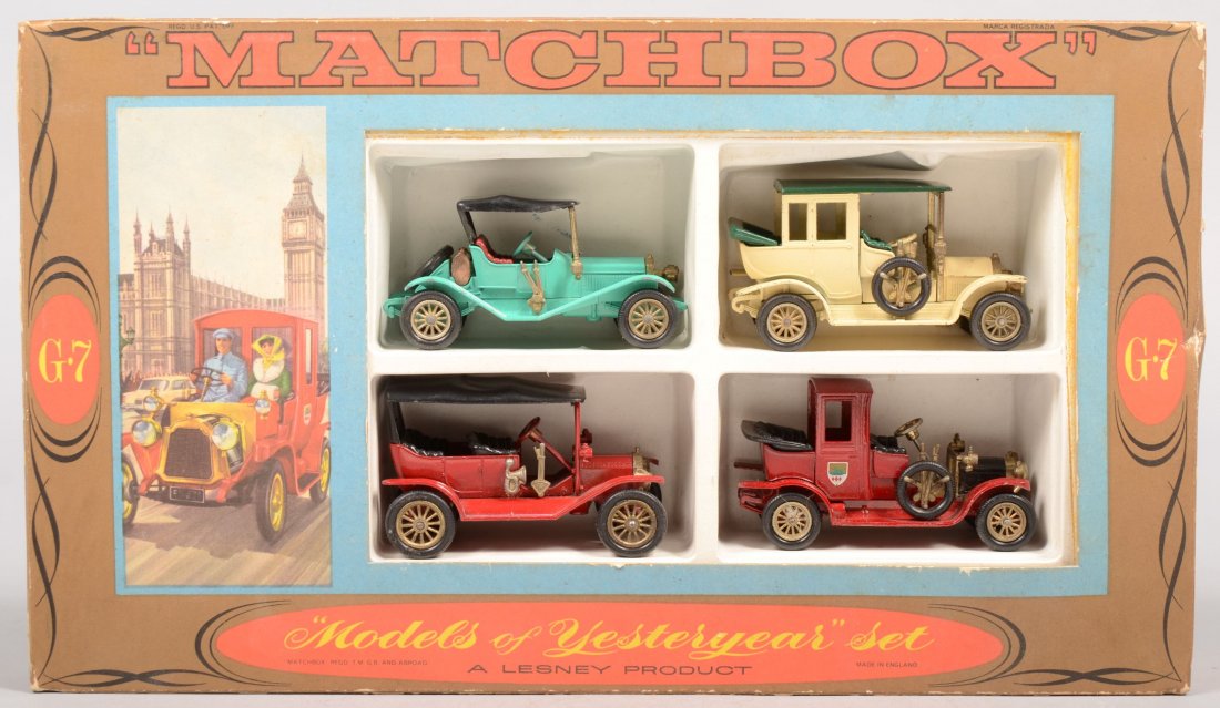 Original G-7 Boxed Set of Four "Models of Yesterye: Original G-7 Boxed Set of Four "Models of Yesteryear." Including: Y-1, 1911 Ford Model T in red with lack top; Y-3, 1910 Benz Limousine in cream with green top; Y-14, 1911 Maxwell Roadster in turquois